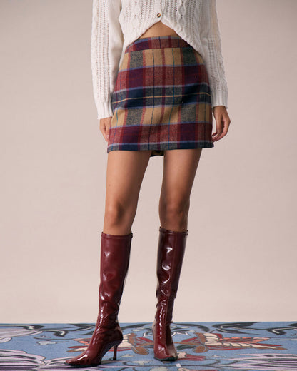 La Falda Mini de Tweed con Cierre de Cremallera a Cuadros Rojos