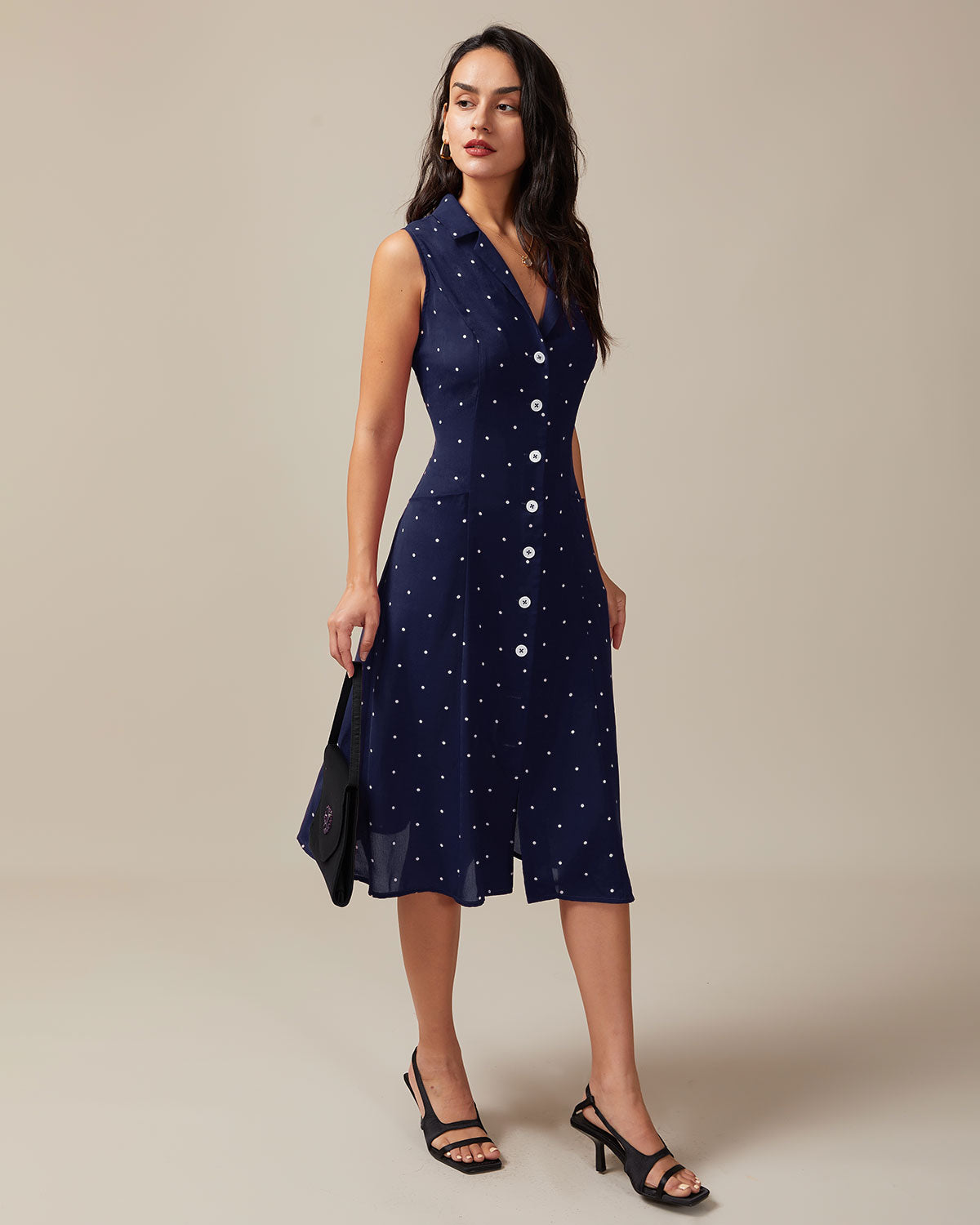 Vestido Midi de Puntos con Espalda Atada en Color Marino