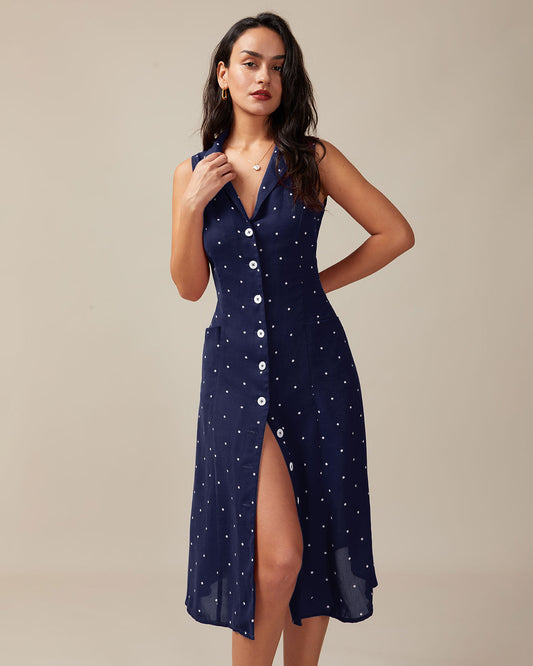 Vestido Midi de Puntos con Espalda Atada en Color Marino