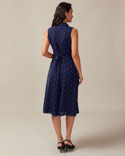 Vestido Midi de Puntos con Espalda Atada en Color Marino