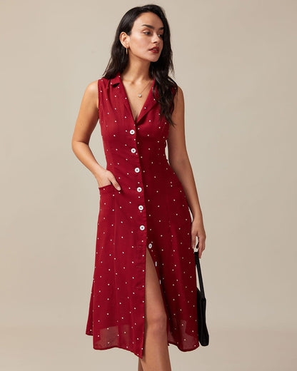 El Vestido Midi Rojo con Escote en V y Lunares con Espalda Atada