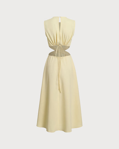 Vestido Midi Amarillo con Corte en el Cuello Redondo