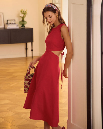 El Vestido Midi Rojo con Corte en el Cuello