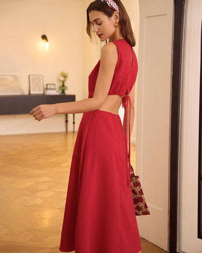 El Vestido Midi Rojo con Corte en el Cuello