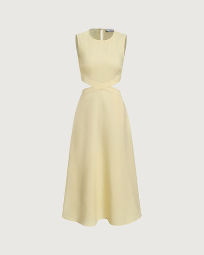 Vestido Midi Amarillo con Corte en el Cuello Redondo