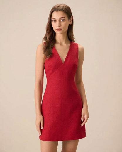 El Vestido Mini Sin Mangas de Lino con Escote en V Rojo