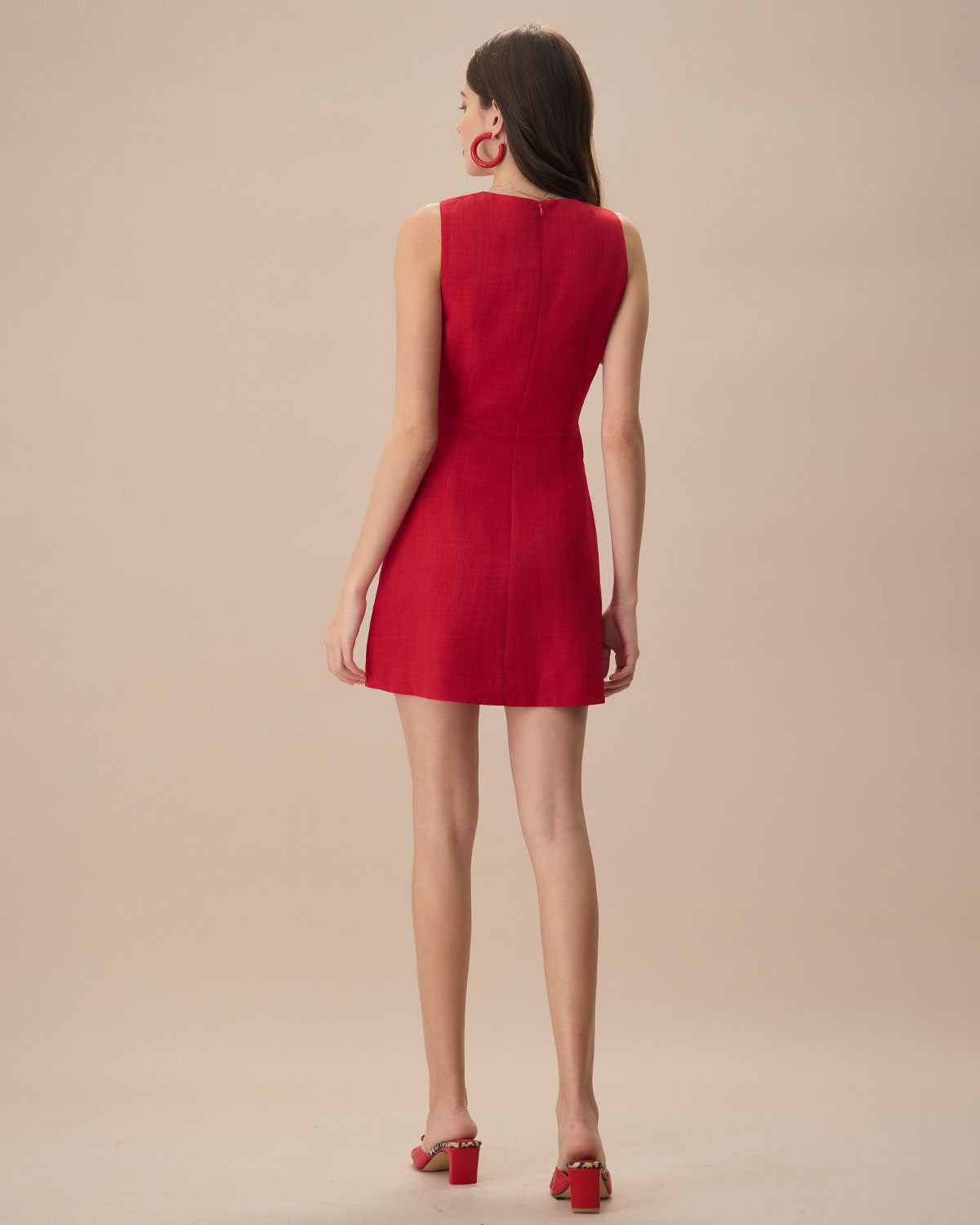 El Vestido Mini Sin Mangas de Lino con Escote en V Rojo