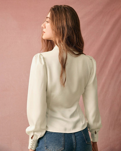 La Blusa de Satén con Mangas Abullonadas y Cuello Sólido