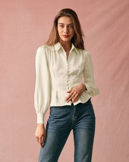 La Blusa de Satén con Mangas Abullonadas y Cuello Sólido