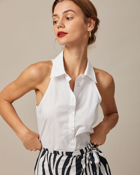 Camisa Sin Mangas de Cuello Blanco con Botones