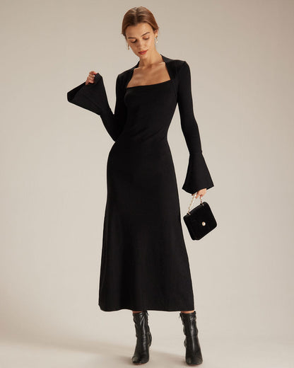 El Vestido Midi de Cuello Cuadrado y Mangas Acampanadas Negros