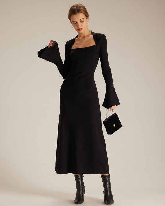 El Vestido Midi de Cuello Cuadrado y Mangas Acampanadas Negros