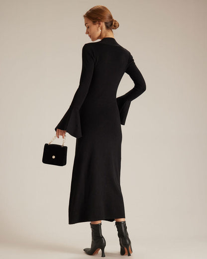 El Vestido Midi de Cuello Cuadrado y Mangas Acampanadas Negros