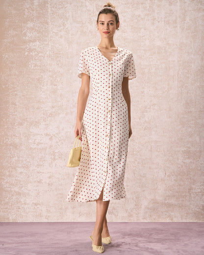 El Vestido Midi de Botones con Lunares y Escote en V Beige