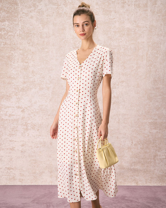 El Vestido Midi de Botones con Lunares y Escote en V Beige