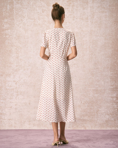 El Vestido Midi de Botones con Lunares y Escote en V Beige