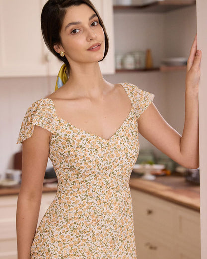 El Vestido Midi Floral Amarillo con Escote en V