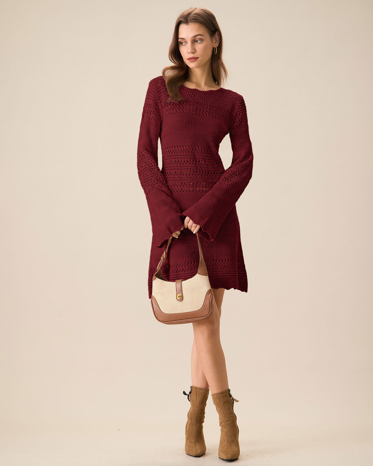 Vestido de Suéter A-Line con Manga de Campana en Rojo Vino