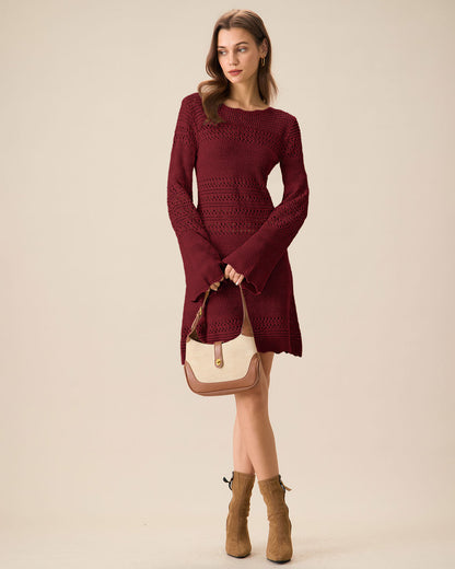 Vestido de Suéter A-Line con Manga de Campana en Rojo Vino