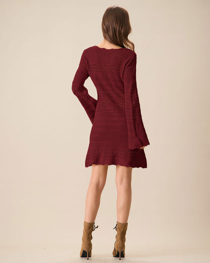 Vestido de Suéter A-Line con Manga de Campana en Rojo Vino