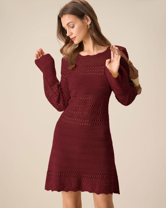 Vestido de Suéter A-Line con Manga de Campana en Rojo Vino