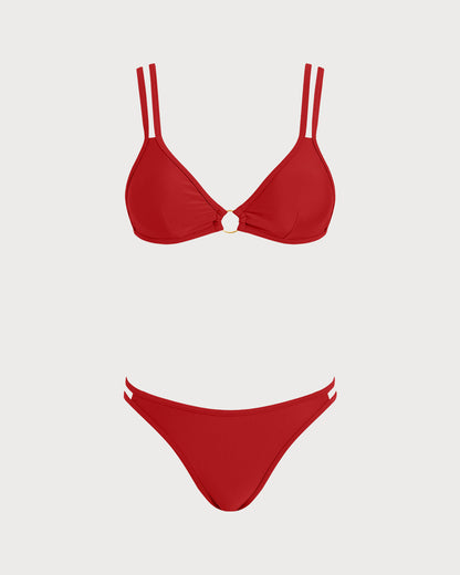 Conjunto de Bikini Triangular Rojo con O-Ring