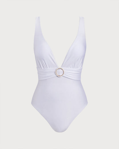 Traje de Baño de Una Pieza con Escote en V Blanco