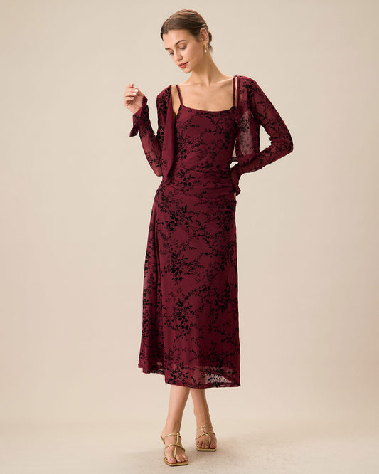 Vestido Midi Ajustado con Flores Rojas