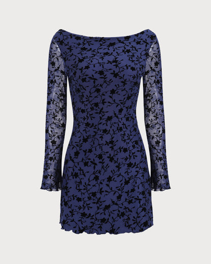 Vestido Mini de Manga Larga Transparente Azul para Mujeres