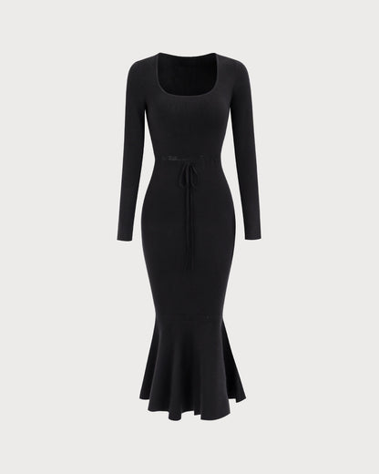 Vestido Maxi de Suéter de Cuello Cuadrado Negro para Mujer