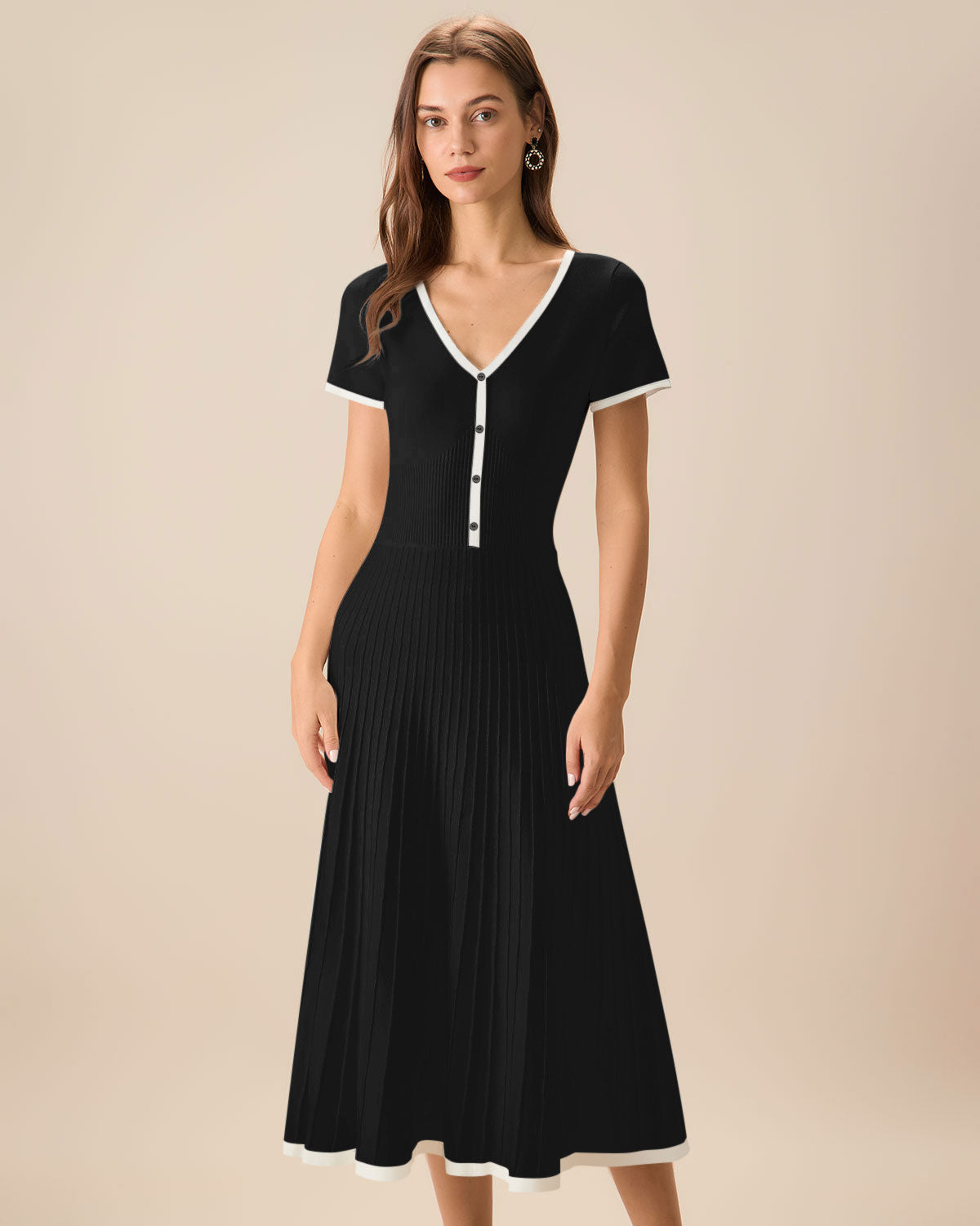 Vestido Midi de Suéter Negro con Contraste