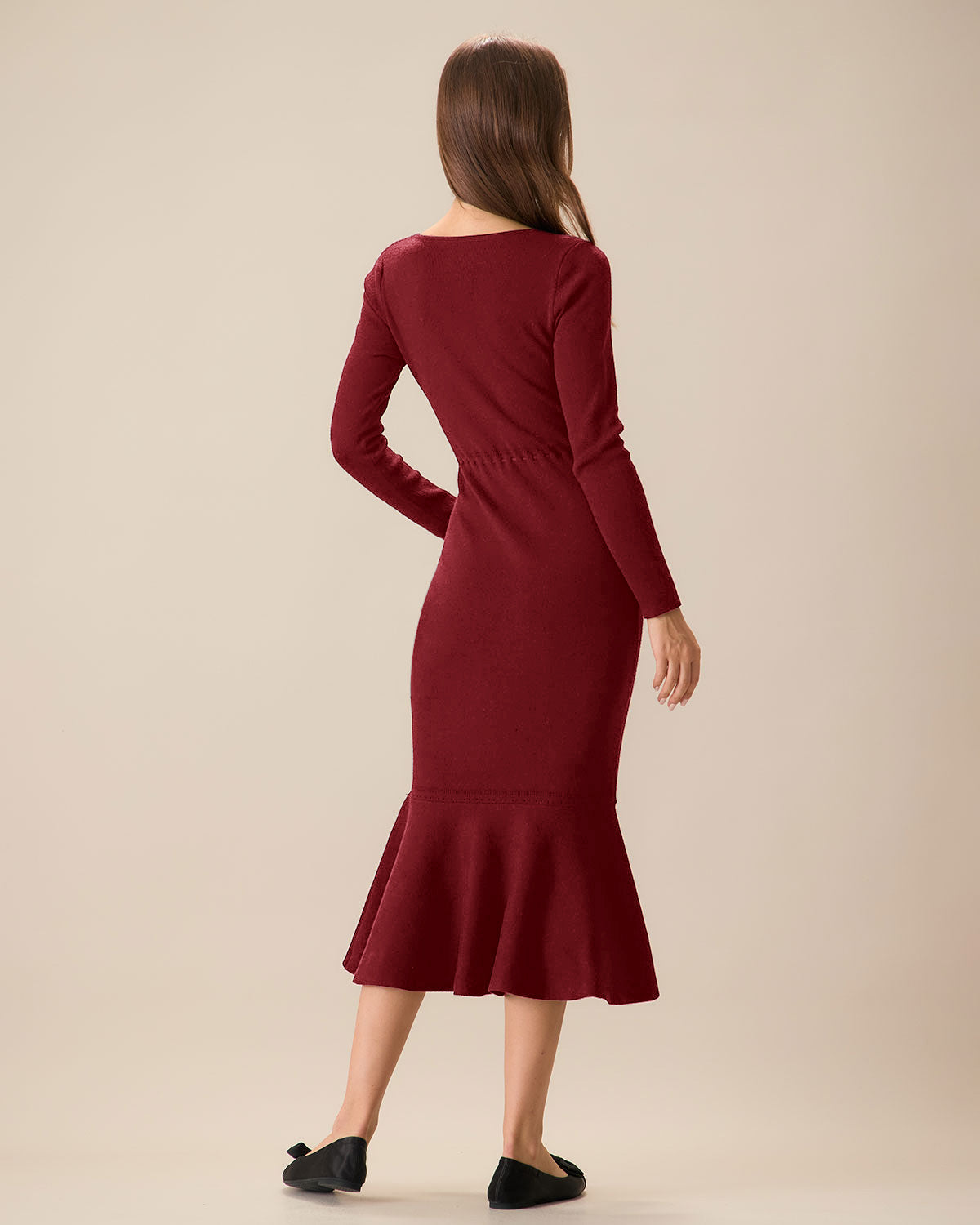 Vestido de Suéter de Sirena con Cuello Cuadrado Rojo