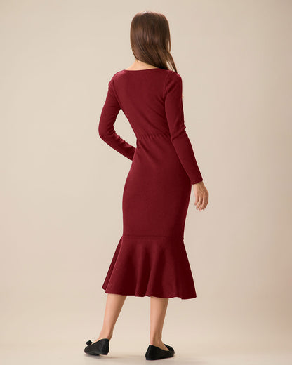 Vestido de Suéter de Sirena con Cuello Cuadrado Rojo