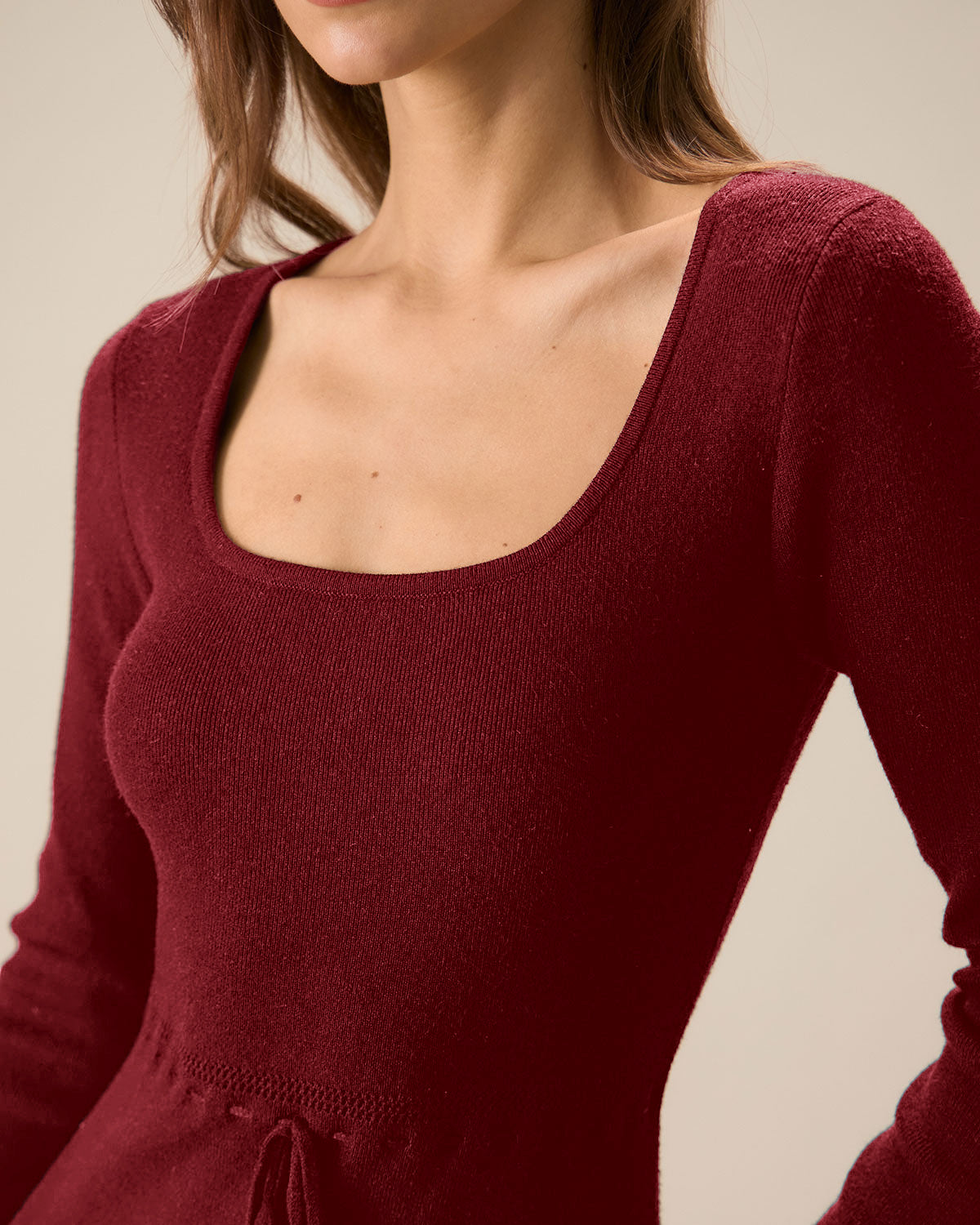 Vestido de Suéter de Sirena con Cuello Cuadrado Rojo