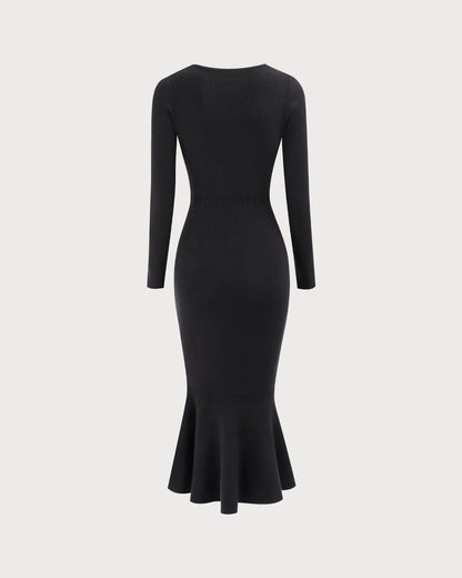 Vestido Maxi de Suéter de Cuello Cuadrado Negro para Mujer
