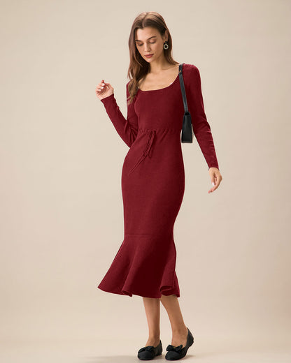 Vestido de Suéter de Sirena con Cuello Cuadrado Rojo