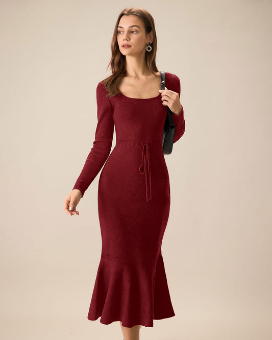 Vestido de Suéter de Sirena con Cuello Cuadrado Rojo
