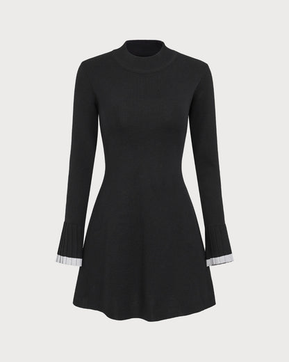 Vestido Mini de Suéter de Manga Larga en Negro Contrastante