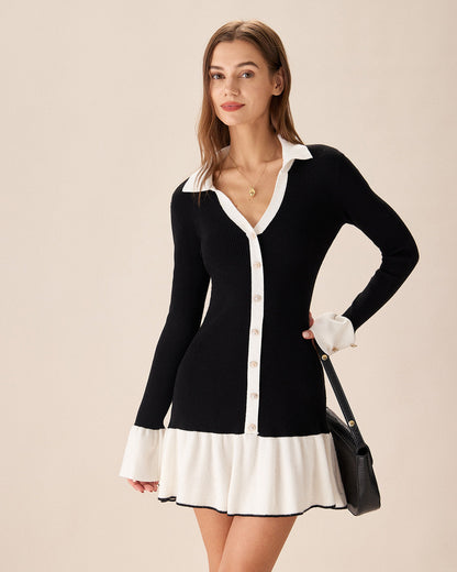 Vestido de Suéter con Mangas de Campana en Color Negro