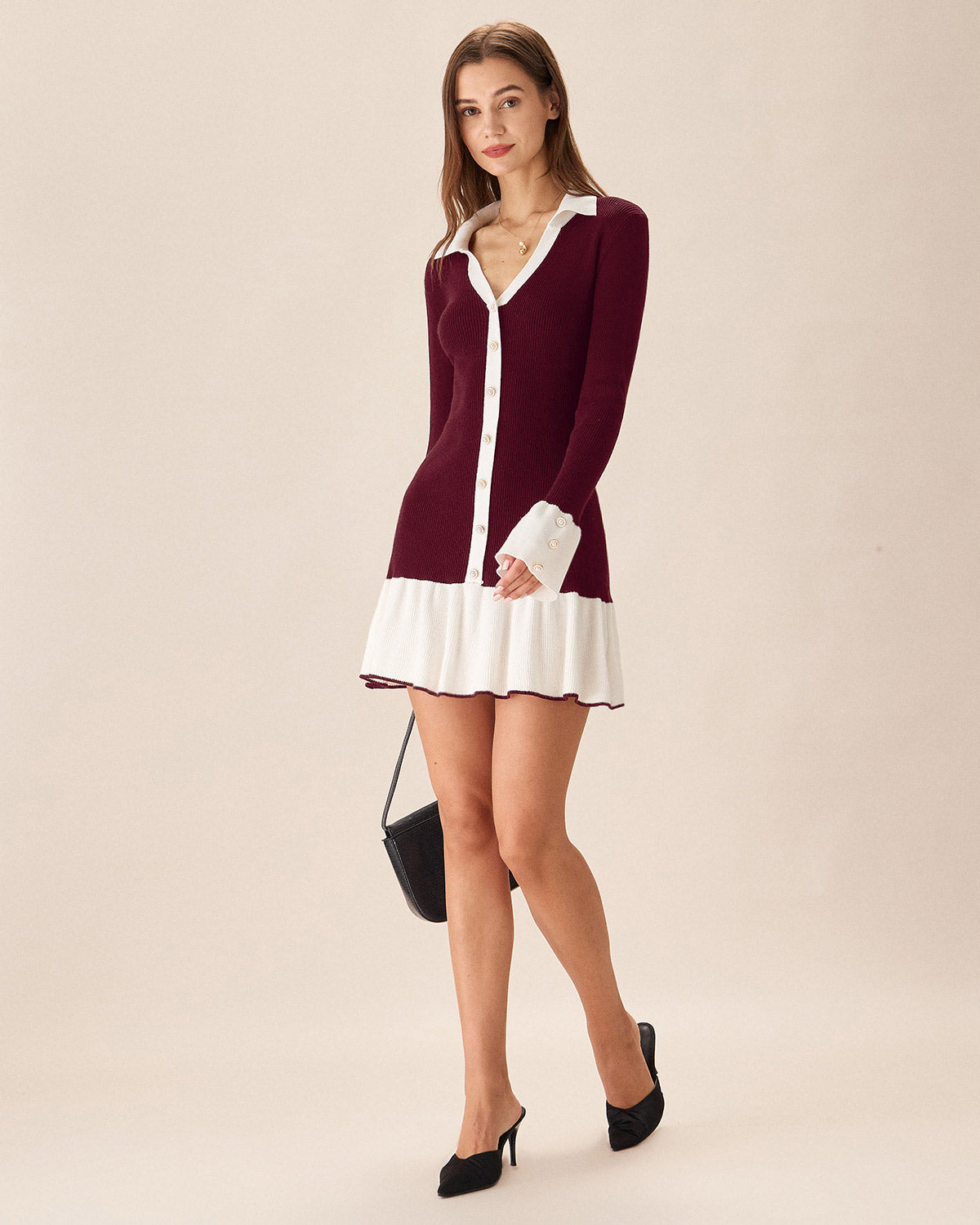 Vestido de Suéter Color Rojo Vino con Contraste