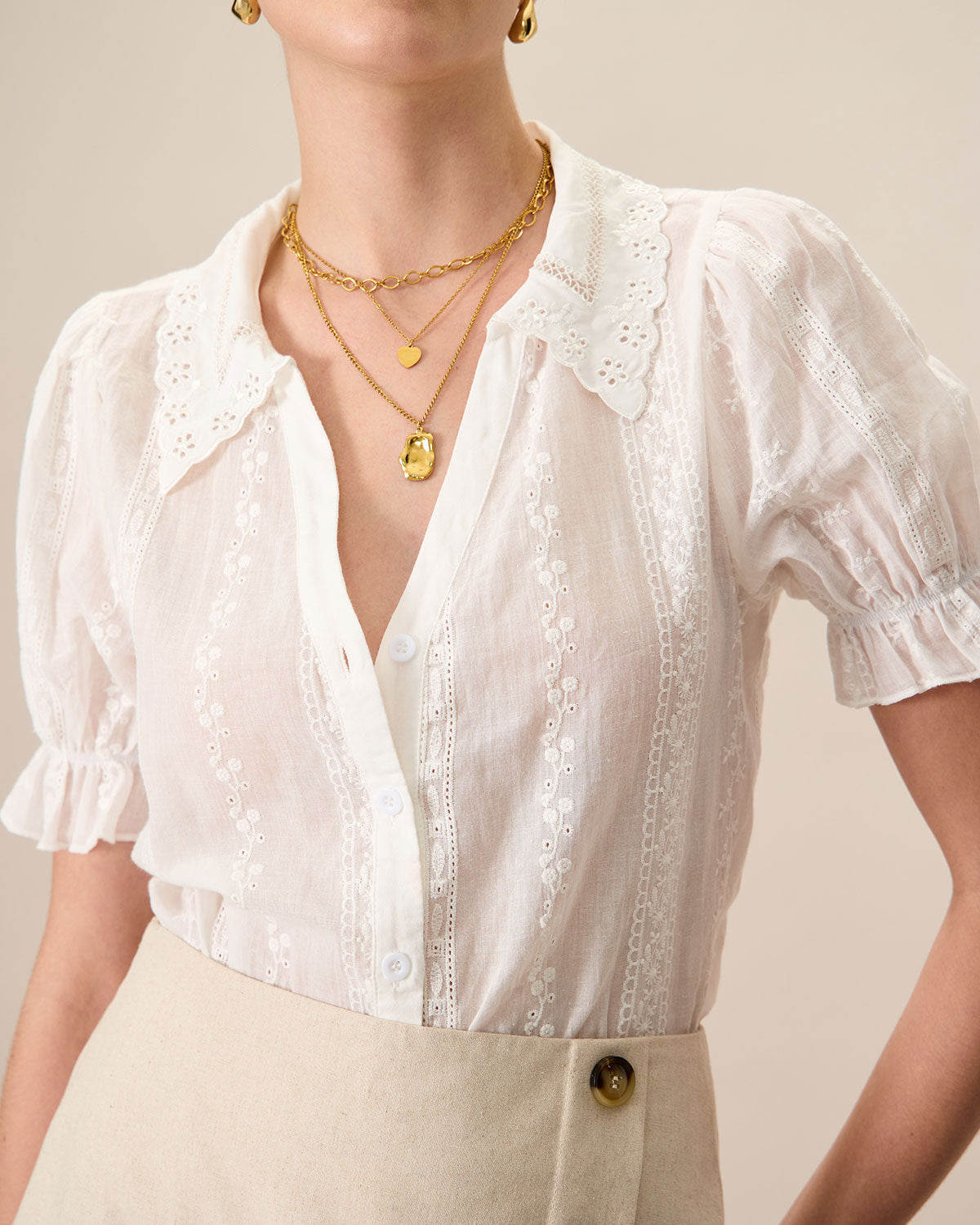 Blusa de Algodón Blanca con Cuello y Bordado de Encaje para Mujeres