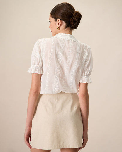 Blusa de Algodón Blanca con Cuello y Bordado de Encaje para Mujeres