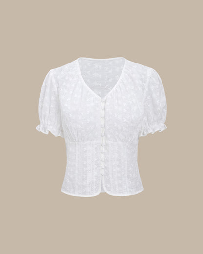 Blusa Blanca Floral con Mangas Abullonadas