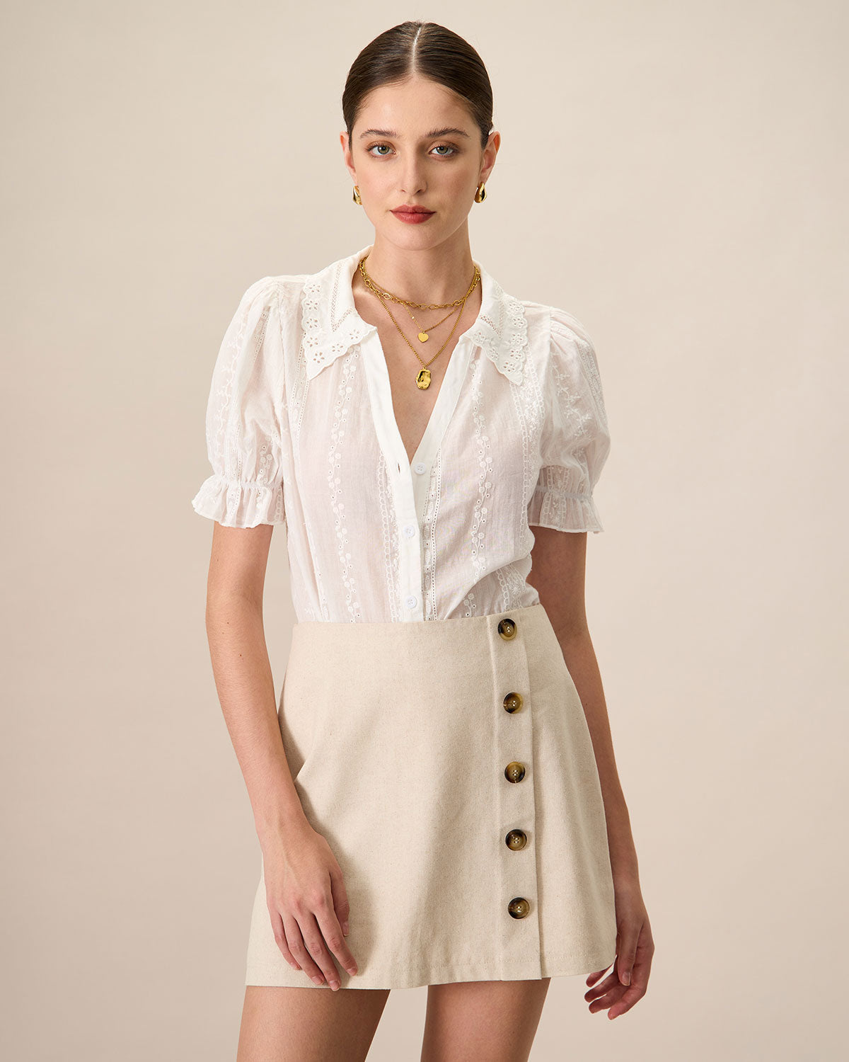 Blusa de Algodón Blanca con Cuello y Bordado de Encaje para Mujeres