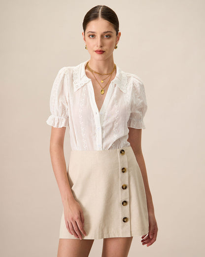 Blusa de Algodón Blanca con Cuello y Bordado de Encaje para Mujeres
