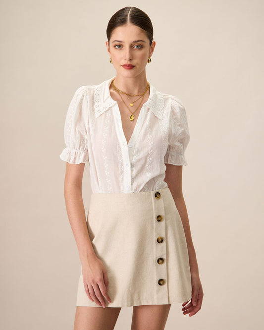 Blusa de Algodón Blanca con Cuello y Bordado de Encaje para Mujeres