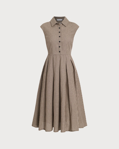 Vestido Midi Plisado a Cuadros Marrón con Botones