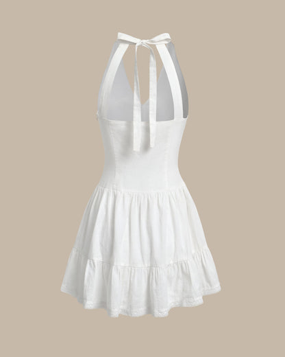 Vestido Mini Sin Espalda con Pliegues y Cuello en V Blanco