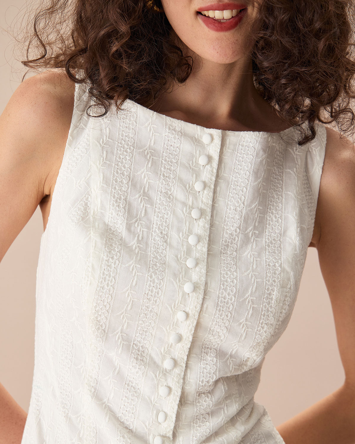 Vestido Mini de Algodón Jacquard Blanco con Cuello Barco para Mujeres