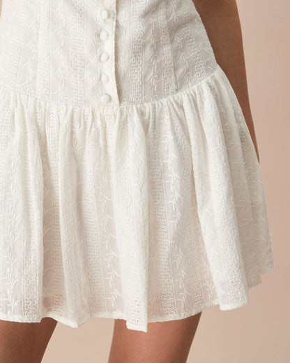 Vestido Mini de Algodón Jacquard Blanco con Cuello Barco para Mujeres